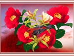 BIRD WITH CAMELLIAS