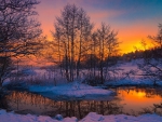 winter pond at sunset
