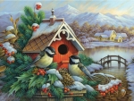 Red Birdhouse And Chickadees