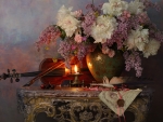 Still life of lilacs and peonies with violin