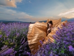 Brunette in Golden Dress in a Field of Lavender