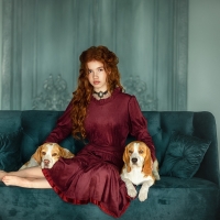 Redhead with puppies