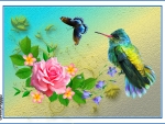 FLOWERS, BIRD AND BUTTERFLY