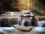 Model Posing on a Forest Waterfall