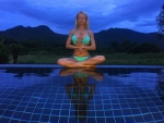 Valeria Lukyanova meditating by the pool
