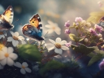 Butterflies with colorful spring  flowers