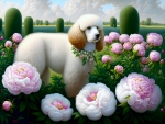 Cute poodle in a pretty garden