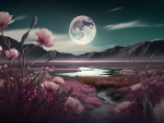 Fantasy land with flowers and full moon