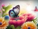 Beautiful spring  with butterfly and flowers
