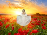Whimsical Wanderer: A Woman Amidst Red Poppies