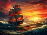 Pirate Ship Sailing Towards Sunset