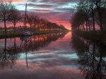 Sunset at the river in Friesland, Netherlands