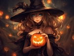 Cute Halloween Witch Holding Pumpkin