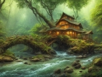 Small River Trunk In The Rain Forest With House