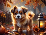 Fluffy puppy in autumn