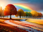 Autumn road with rainbow