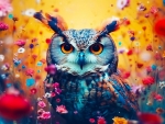 Owl in a field of flowers