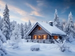 Cabin in the woods in winter