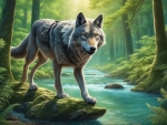 The wolf is walking in a forest with tall green trees around her