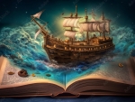 Magical book with pirate ship