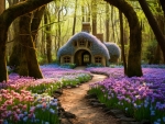 Forest with flowers and house
