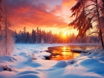 Beautiful winter snowy natural landscape at sunset