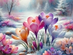 Beautiful crocuses in snow