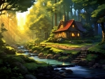 Illuminated wooden house in the forest by the stream