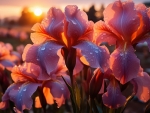 Dewdrops on pink iris flowers