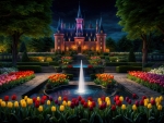 Garden and castle at nighttime