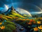 Flowers by the stream and rainbow over the mountains