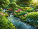 A Beautiful Garden With A Stream Flowing Through