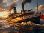 Steamboat on the river at sunset