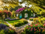 A small cottage in a garden with colourful flowers
