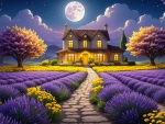 A house in the middle of flower field