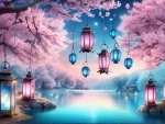 Enchanted Cherry Blossom Forest with Pink and Blue FairyTale Lanterns