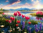 Spring flower meadow teeming with vibrant tulips at sunset