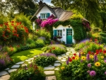 Cottage in a garden with colourful flowers