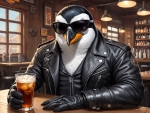 A Badass Harley Davidson Biker Penguin Enjoying a Refreshing Glass of Sweet Tea at a Biker Bar :)
