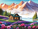 Mountain cabin with summer flowers.