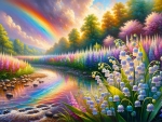 Lily of the valley flowers by a vibrant river with a rainbow reflected in the water.