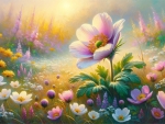 A vibrant painting of a sunlit meadow with colorful flowers