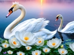 Two swans in the flower pond