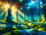 Illuminated forest path with light beams and winding trees