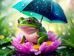 A frog is sitting on a flower,rain,with an umbrella