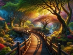 Enchanting forest with a wooden bridge colorful trees,and a small waterfall