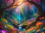 An enchanted forest with a stream, flowers and mystical light filtering through the colors.