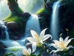Lilies At The Bottom Of A Waterfall