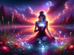 A mystical woman in a luminous dress sits at a serene lake's .