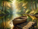 A serene forest scene with a boat at a wooden dock 